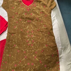 Embroidered Brown Dress with Red Accents